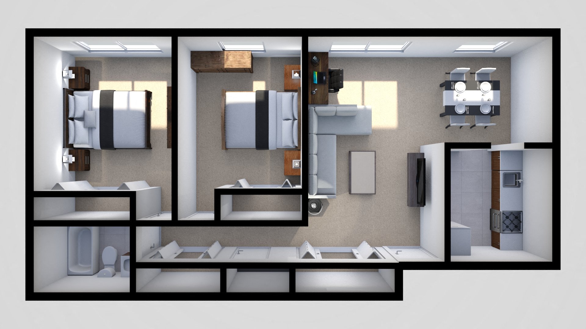 Floor plan for 2 beds, 1 bath, 808 sqft